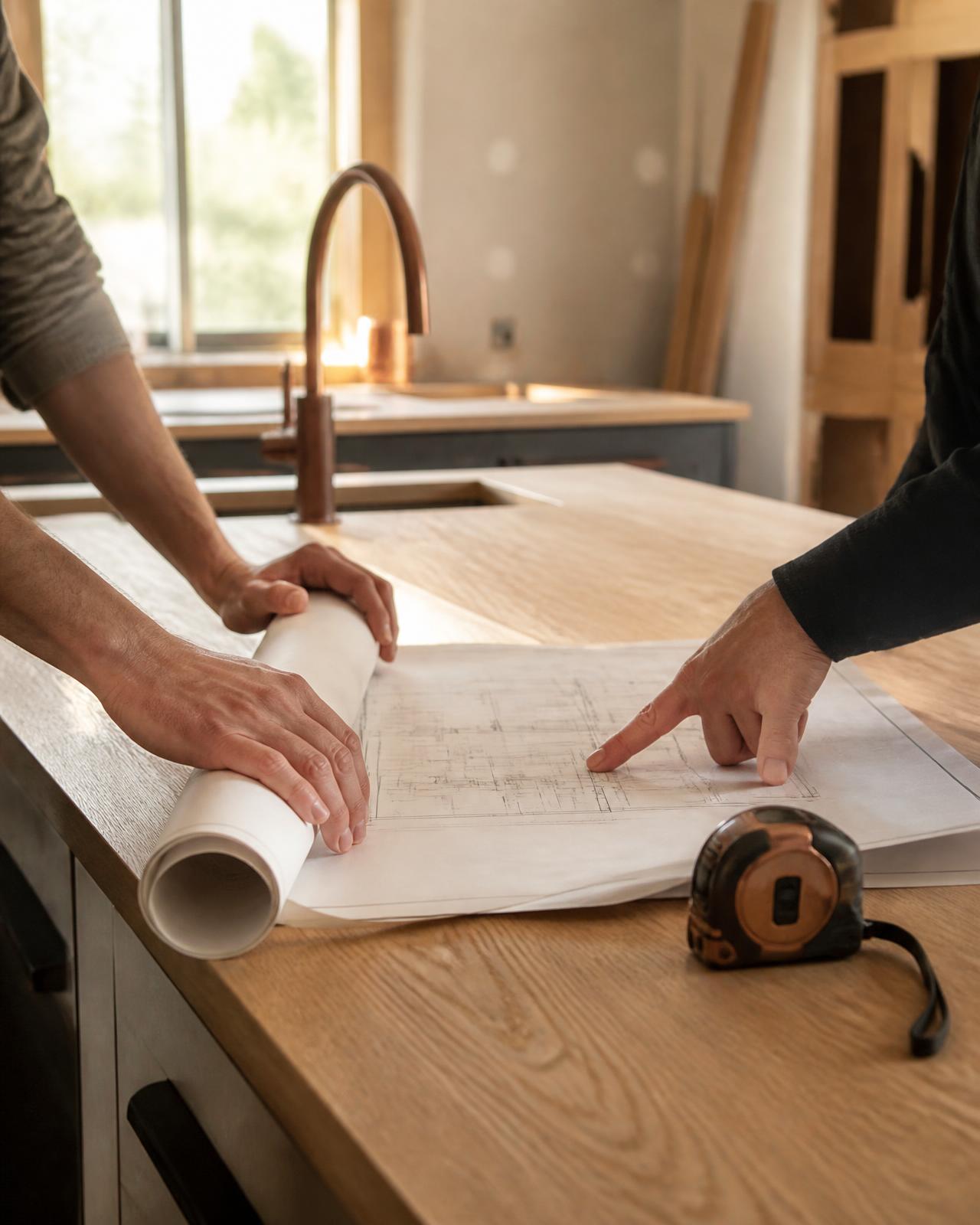 Project plans and a tape measure laid out on a countertop during a renovation